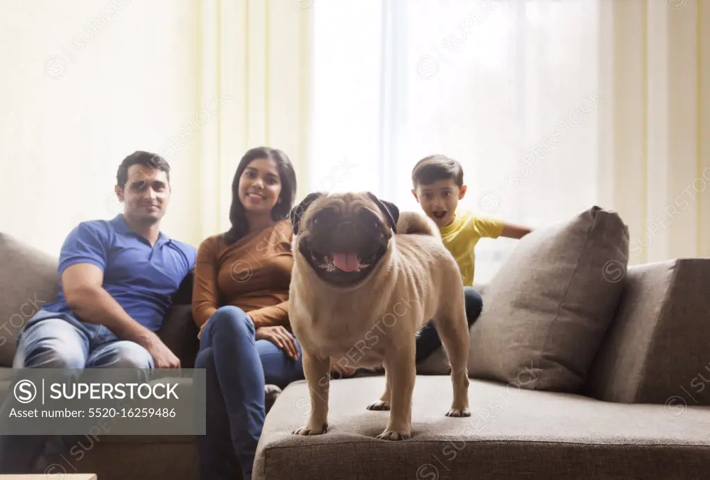 Family with son and pug on sofa