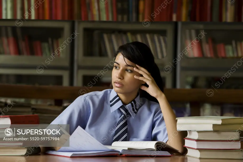 Girl in a school library