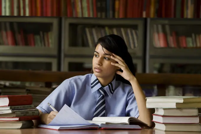 Girl in a school library