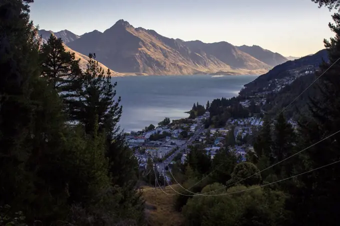 High altitude shot of Queesntown lake and city in New Zealand. Queestown, Otago, New Zealand