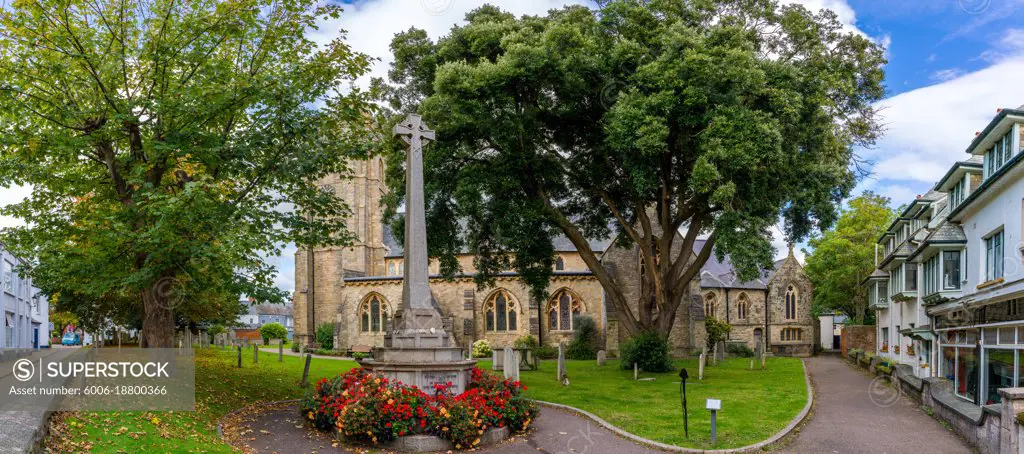 Multi-shop panoramic of colourful Sidmouth Parish Church.