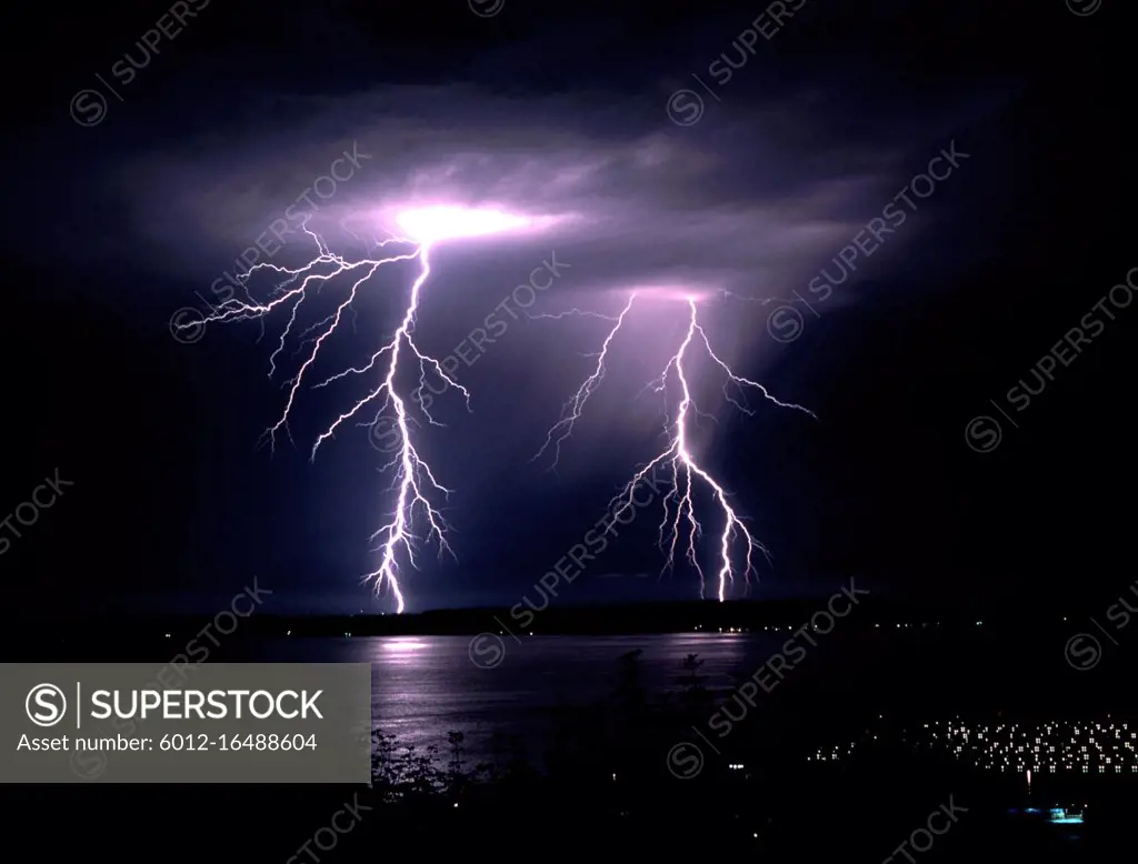 Two distinct bolts of electrical energy hit Bainbridge Island in Puget Sound Washington State