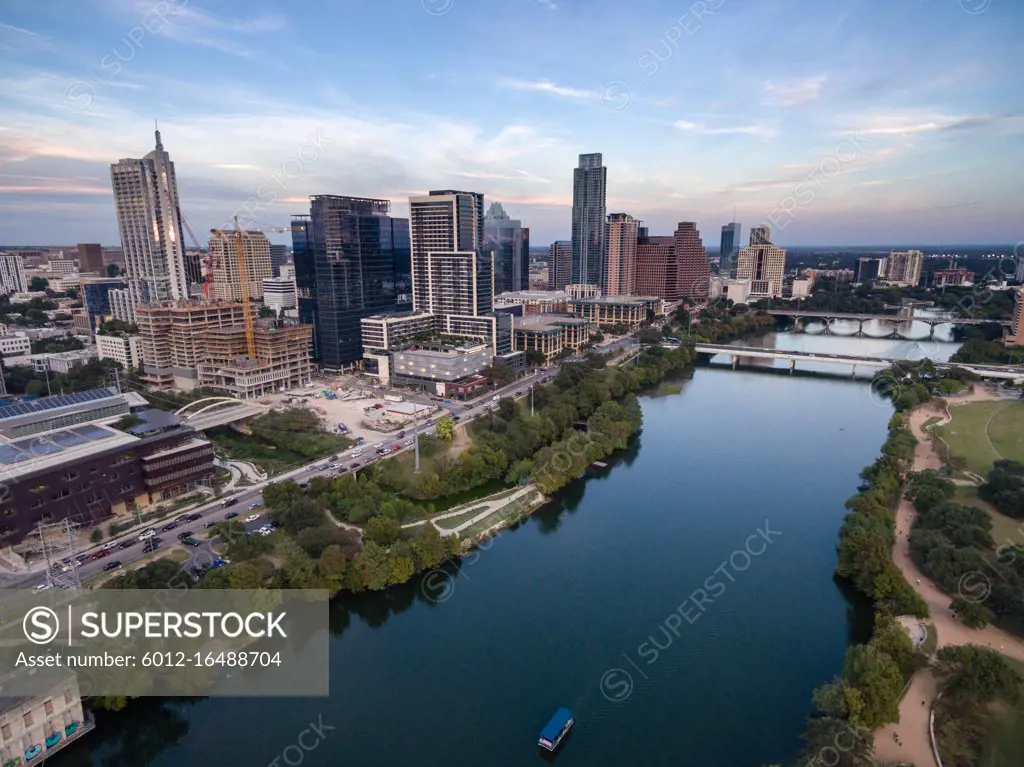 Aerial view of the Colorado River meandering along the Austin Texas waterfront