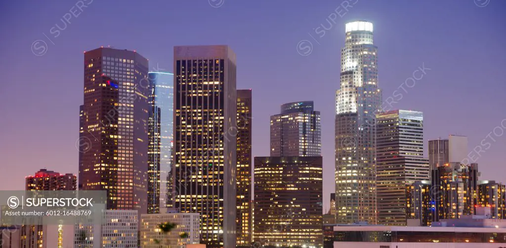 Bright reflections at sunset on the buildings and architecture of Los Angeles California