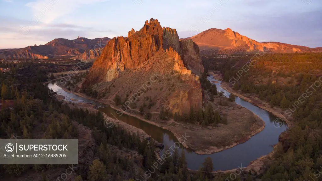 Aerial view at sunset of Smith Rock in central Oregon and the Crooked River