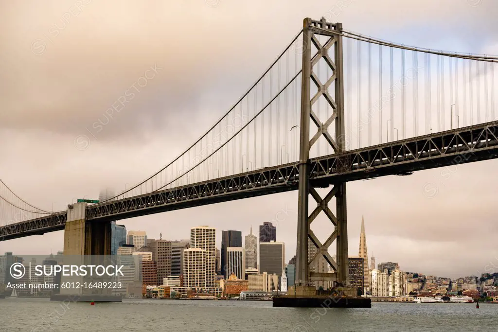 View from out in the bay of the long waterfront area along the San Francisco California downtown city skyline