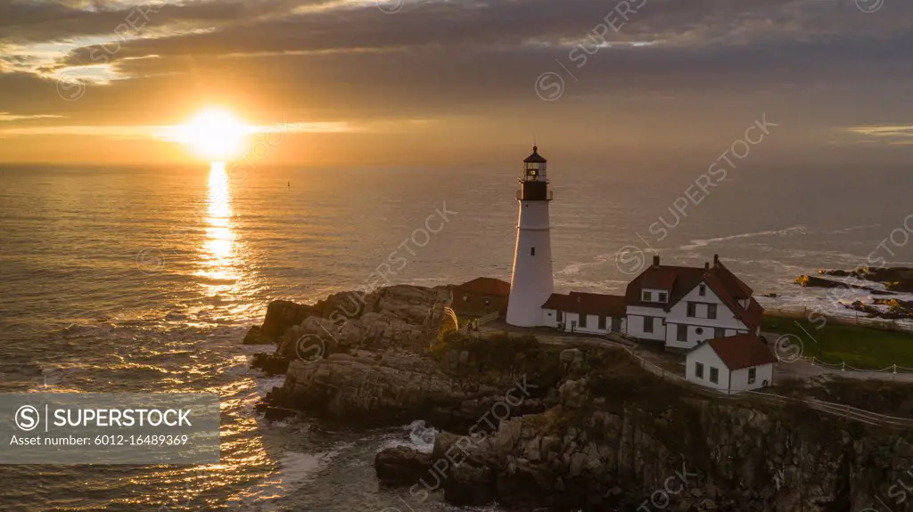 Aerial view Portland Head Lighthouse tower State of Maine