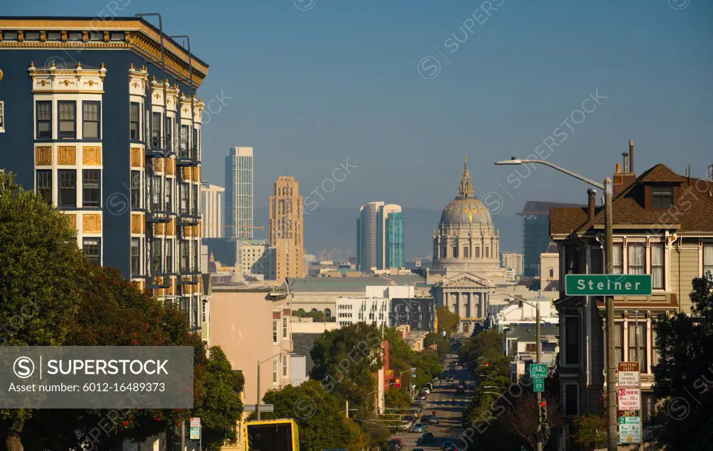 Fulton Street leads travelers straight down the hill into the City Hall building in downtown San Francisco