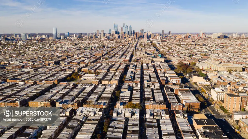 Areal view of the urban sprawl and row houses in south Philly Pennsylvania