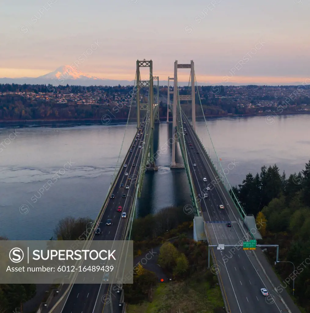 Traffic makes way across the bridge over Puget Sound in Washington State between Tacoma and Gig Harbor