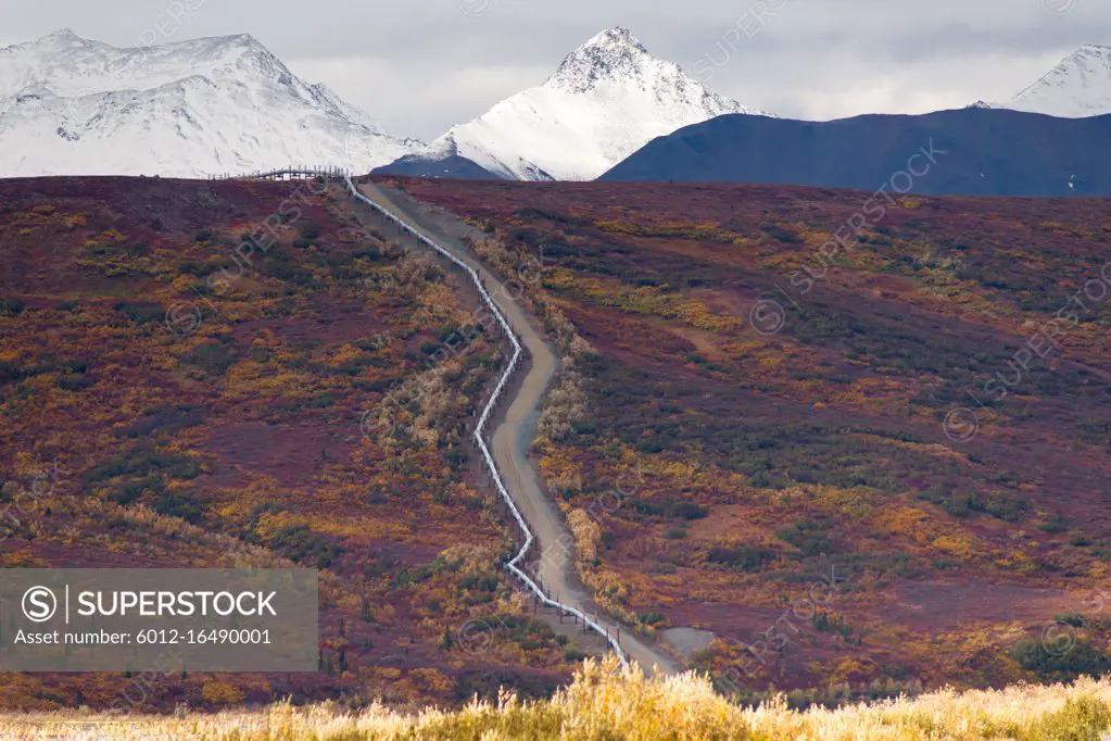 The Trans-Alaska Pipeline cuts across the mountainous Alaska Landscape