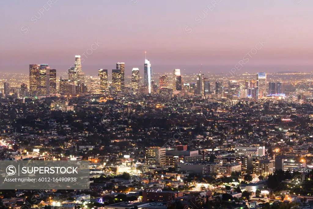 The downtown city skyline of Los Angeles at night