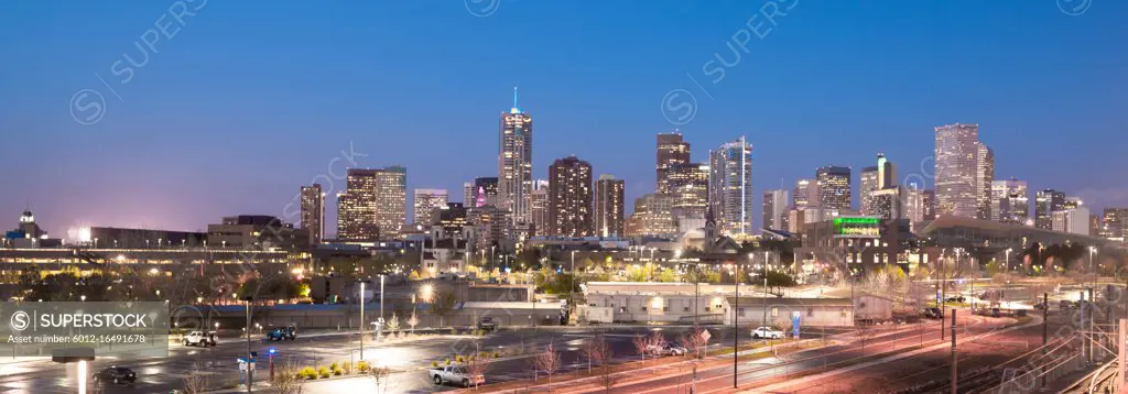 The buildings and architecture of Denver Colorado at dusk