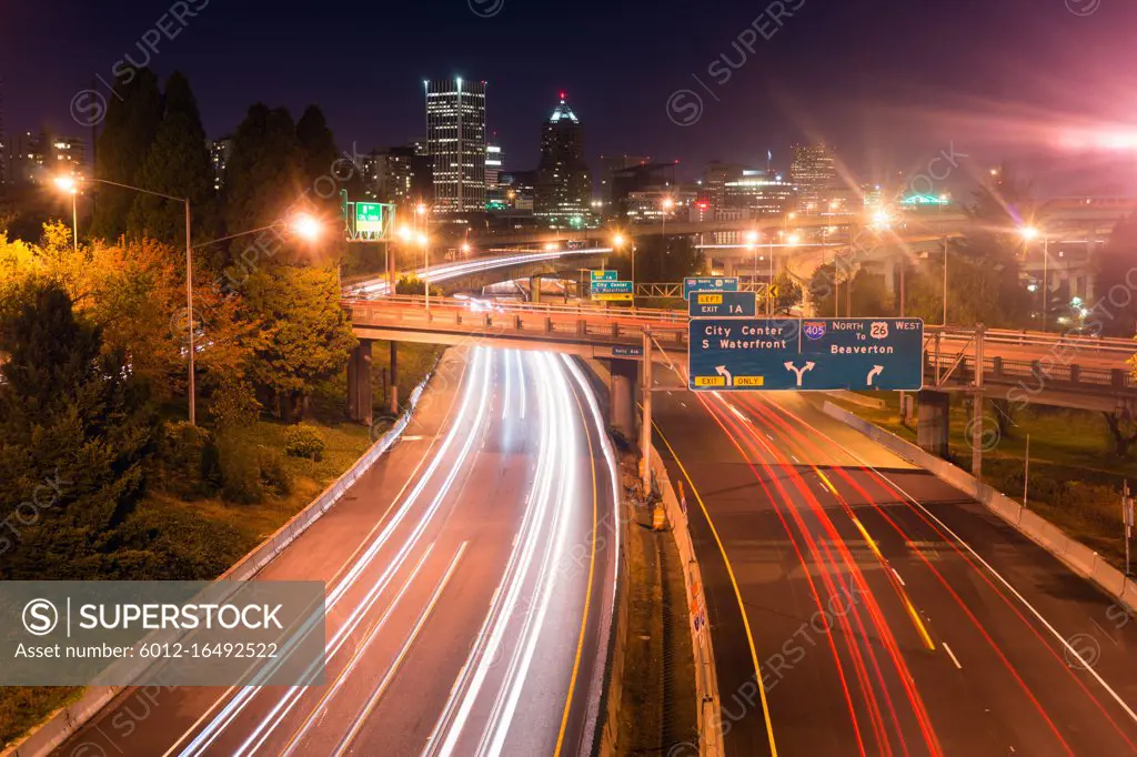 Cars create light trails in a long exposure over I-5 in Portland