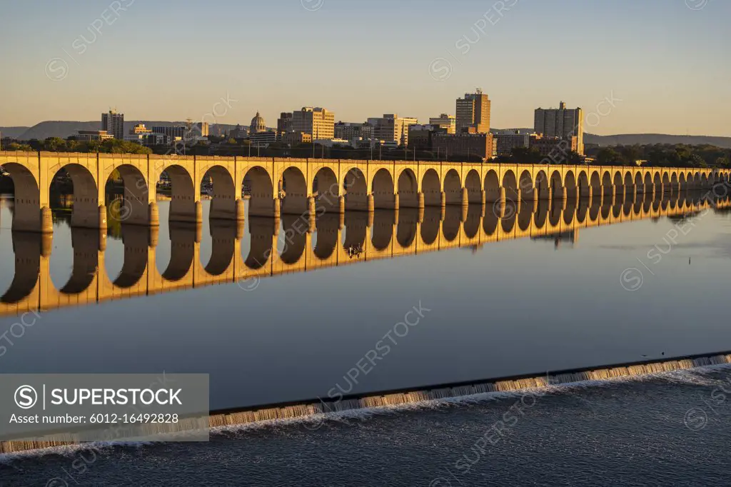 Morning light hits the buildings and downtown city center area in Pennsylvania state capital at Harrisburg