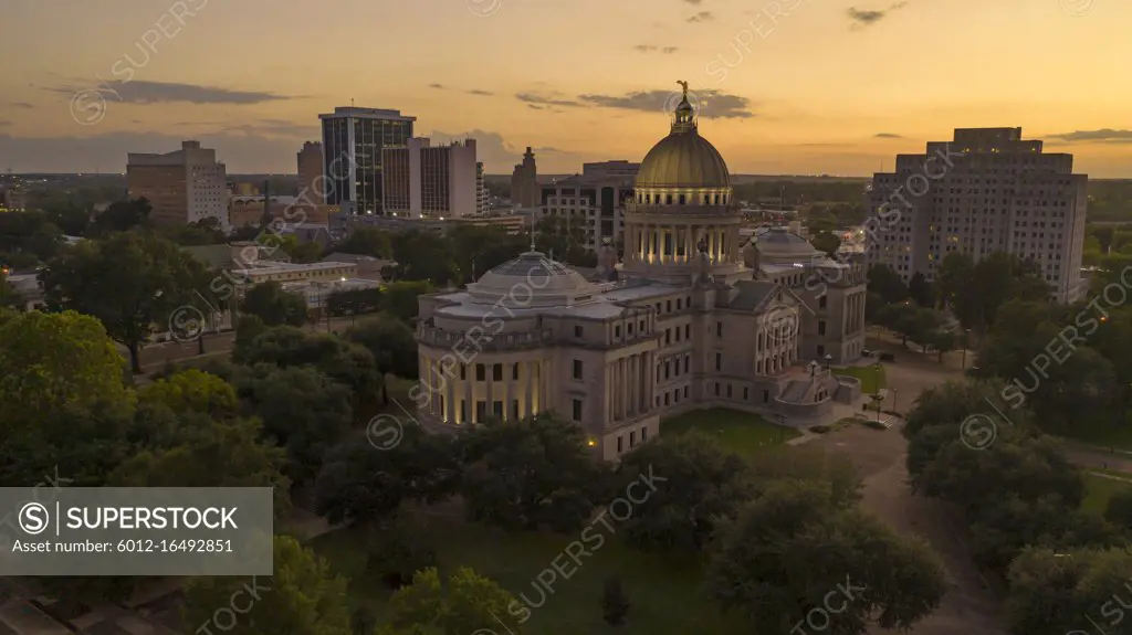 Building lights just came on Aerial view of the Mississippi State Capital building