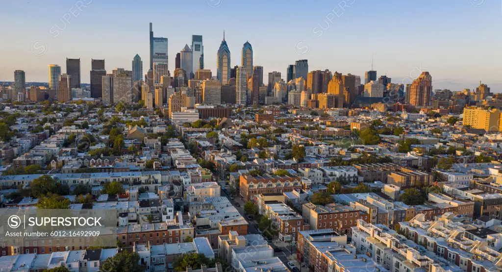 Aerial view over the neighborhoods and streets of Philadelphia PA USA