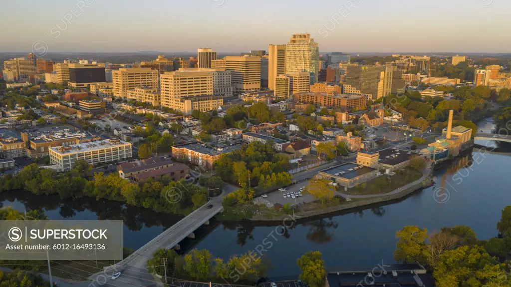 Saturated early morning light hits the buildings and architecture of downtown Wilmington Delaware