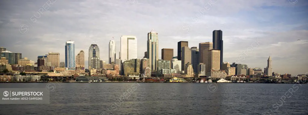 The view of Seattle from the lower deck of an eastbound ferry boat