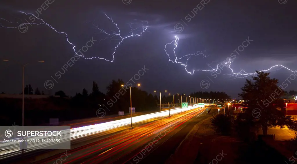 Lightning Bolts light up the sky late at night in Tacoma Washington