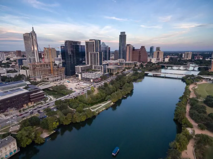 Aerial view of the Colorado River meandering along the Austin Texas waterfront