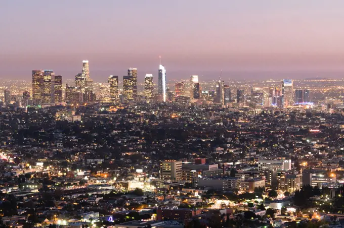 The downtown city skyline of Los Angeles at night