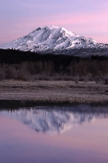 An amazing still lake scene in front of Mount Adams Washington