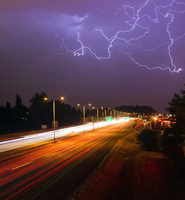 Lightning Bolts light up the sky late at night in Tacoma Washington