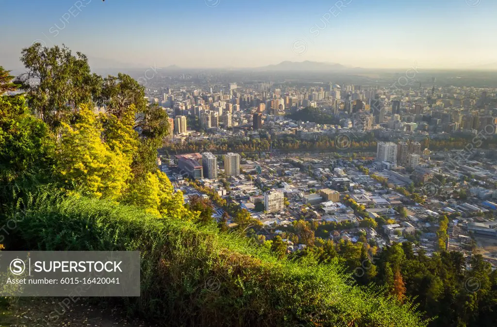 Santiago city aerial view at sunset, Chile