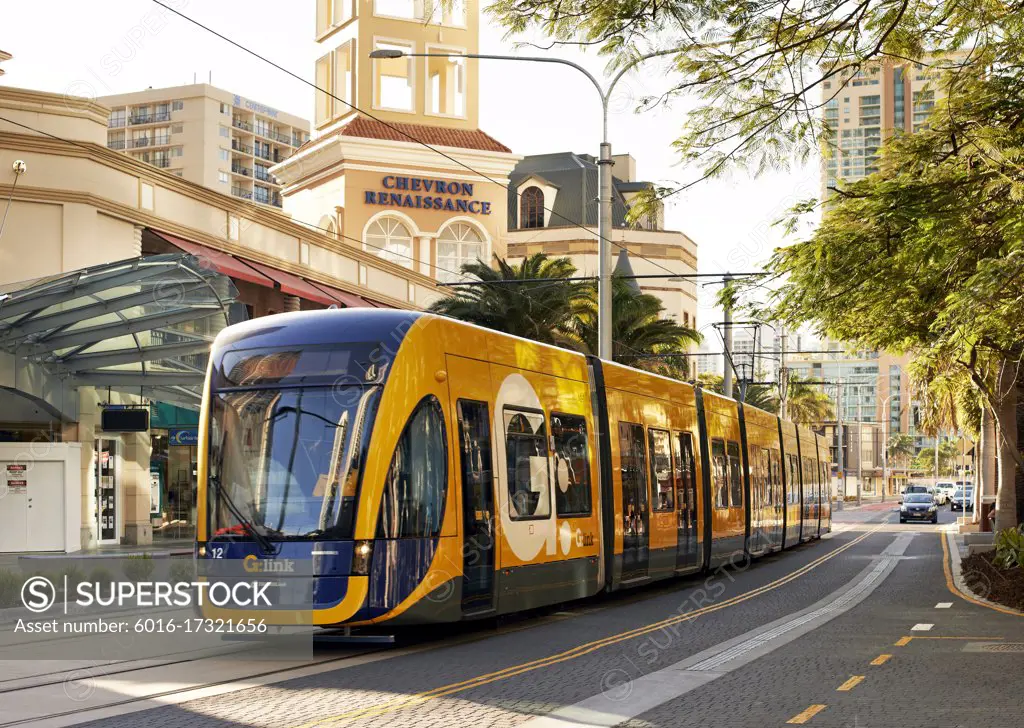 Tram travelling through the streets of Surfers Paradise