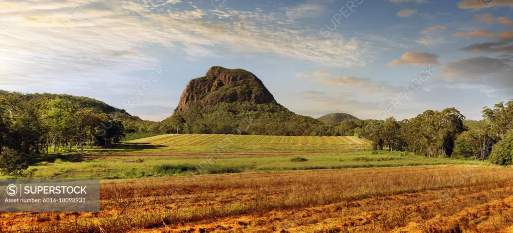 Looking across horticultural land at Mount Tibrogargan, Glasshouse Mountains National Park - Sunshine Coast