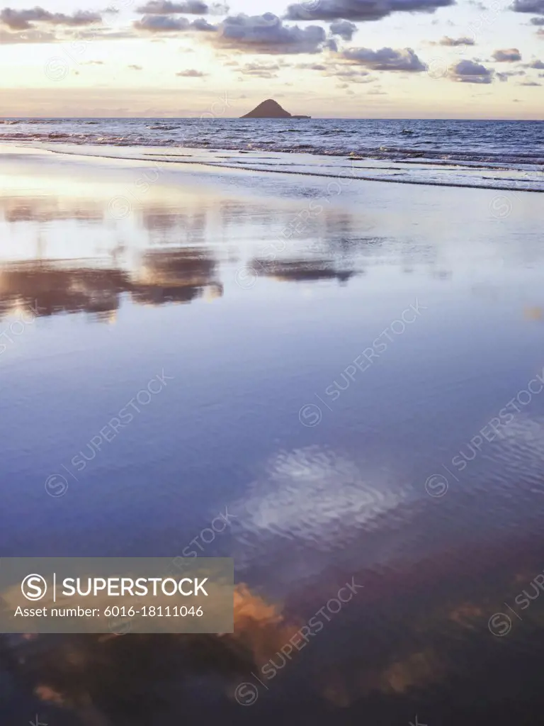 Looking across to Whale Island from Opotiki beach at sunset