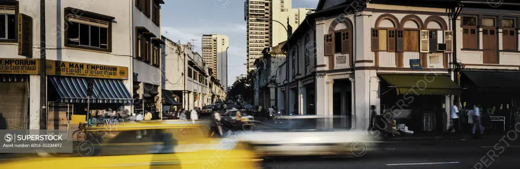 Panorama of busy steet in towntown Singapore  