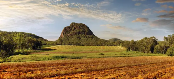 Looking across horticultural land at Mount Tibrogargan, Glasshouse Mountains National Park - Sunshine Coast