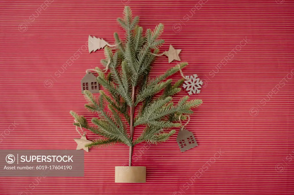 Christmas tree flat lay with red background