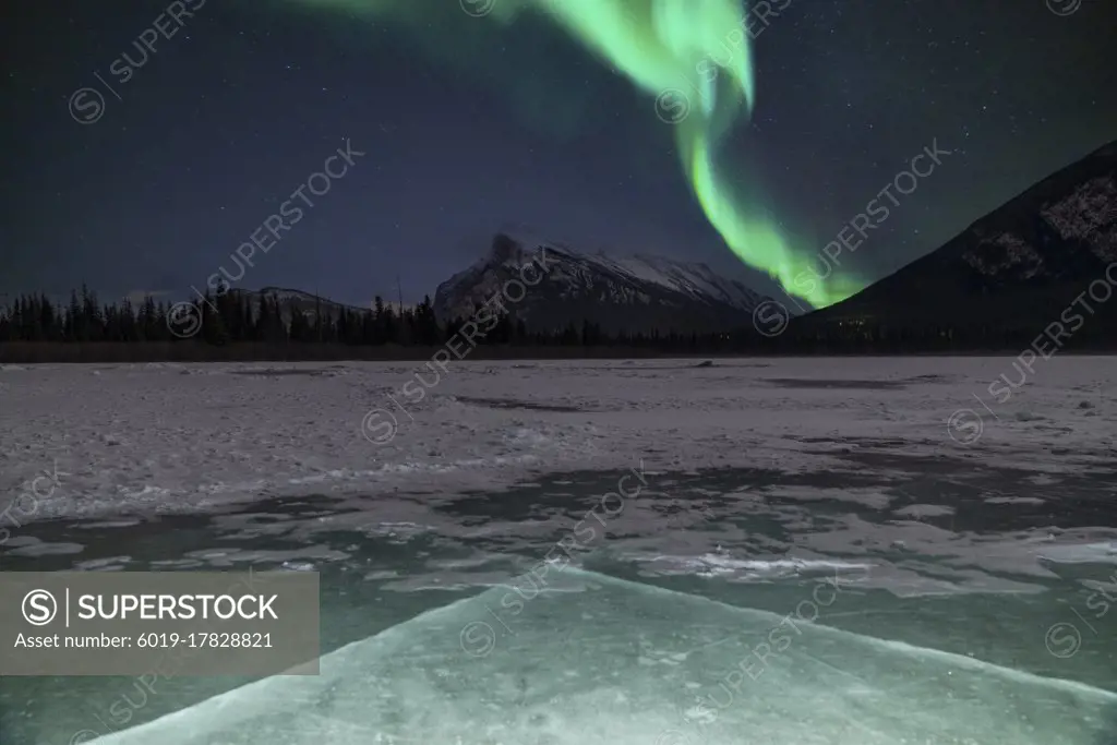 Mount Rundle Under Northern Lights In Banff Alberta