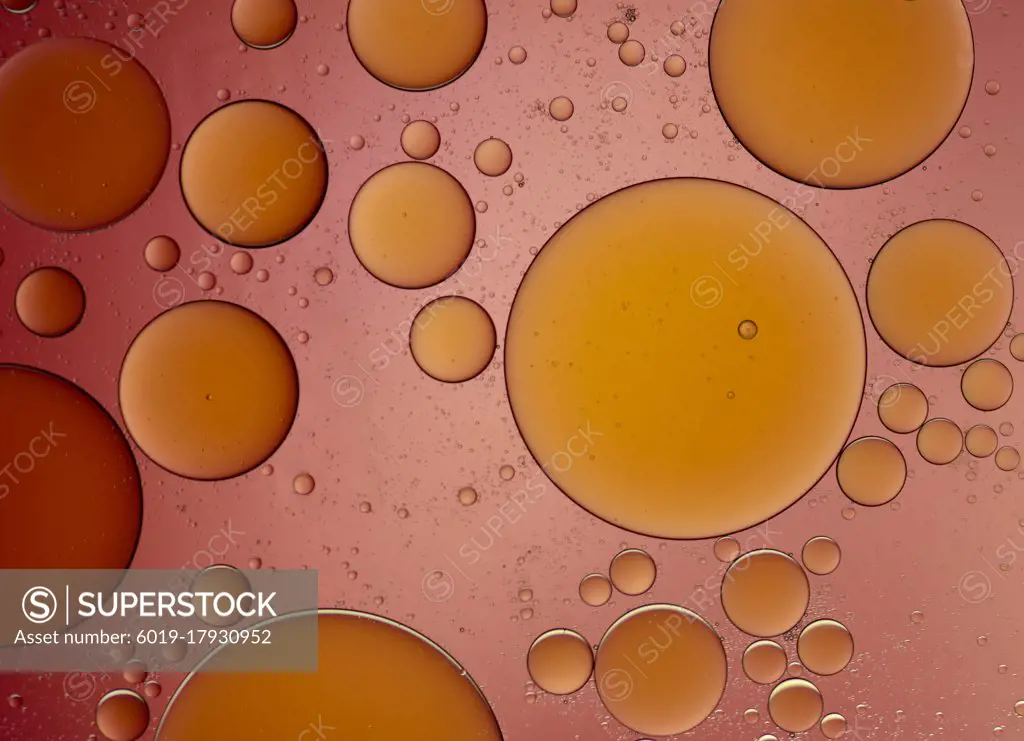 Olive oil drops suspended in water with colorful backgrounds