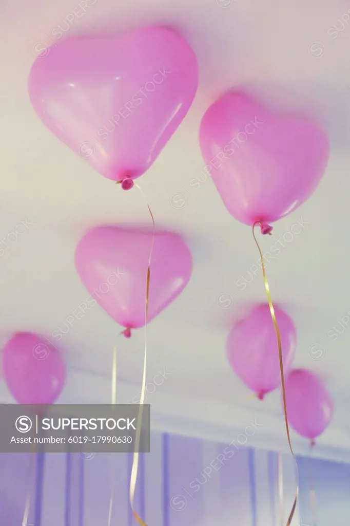 Pink heart balloons with helium at room for birthday, newborn party