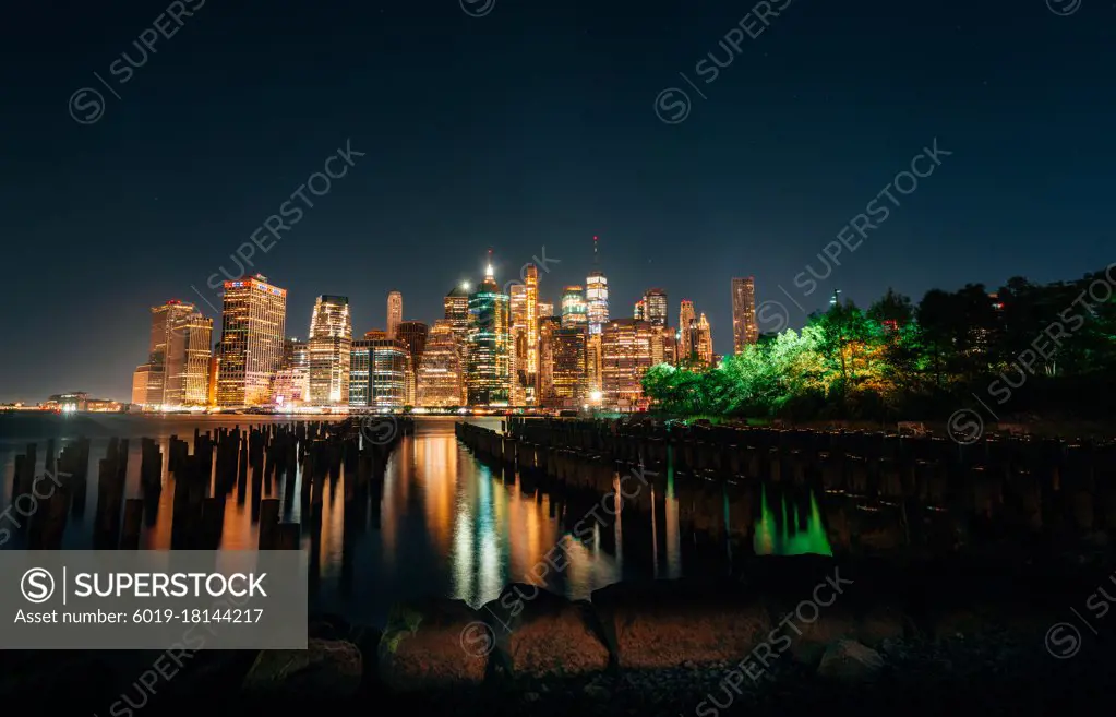 skyline new York usa buildings lights reflections sea