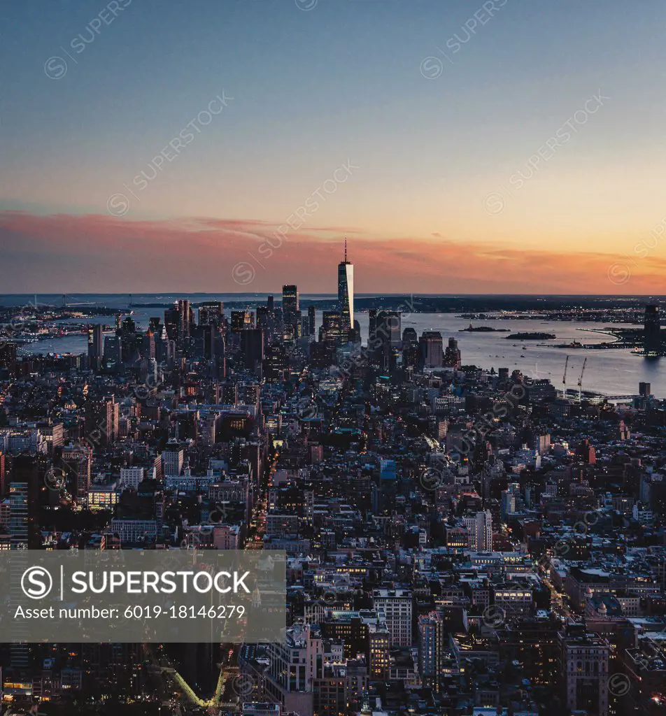 city skyline at sunset Manhattan New York beautiful view usa