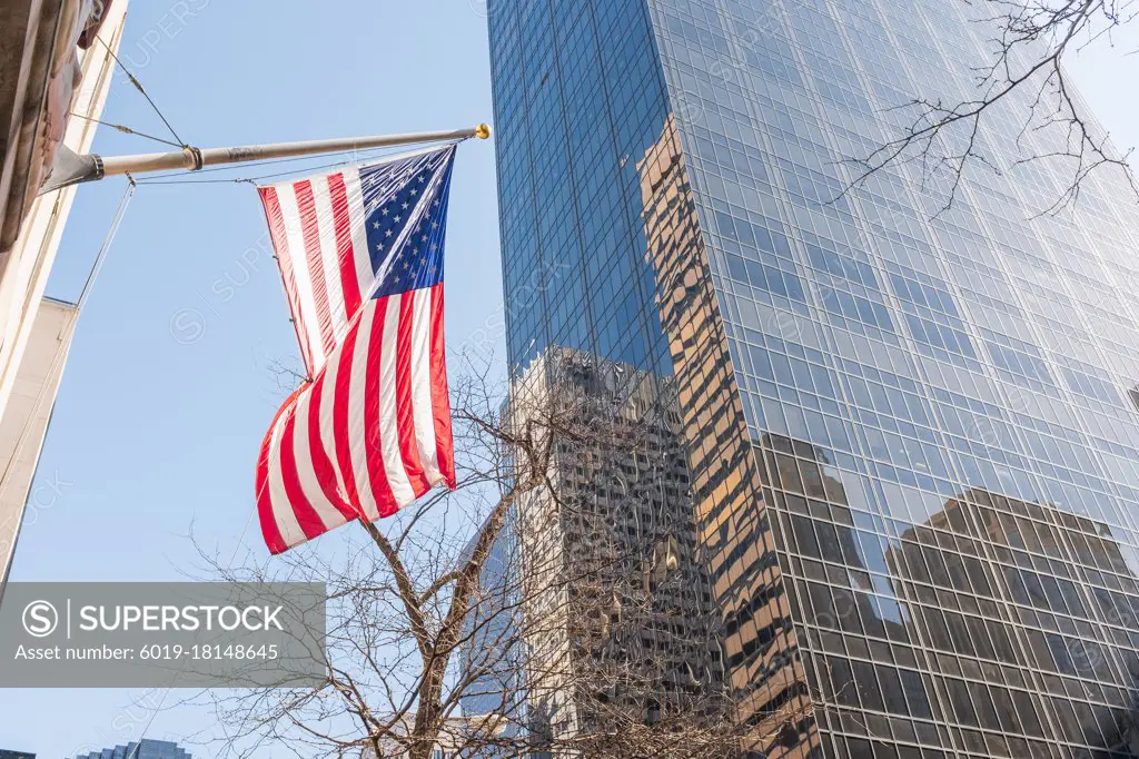 USA flag on city street