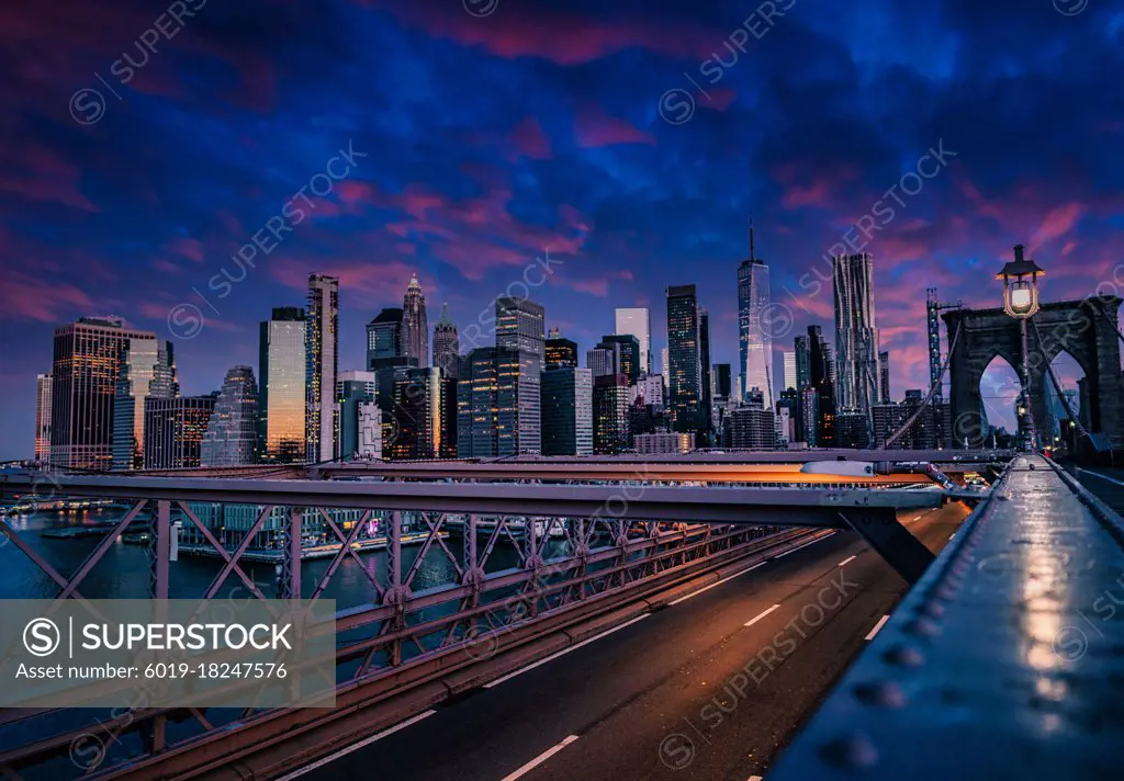 beautiful skyline New York colors sky clouds buildings city bridge