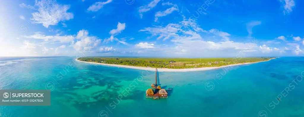 Aerial view of Maldives island, luxury water villas resort and w