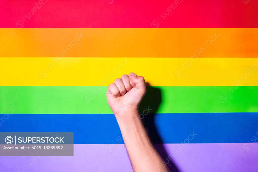 Hand fist with lgbt flag background. Lgbt pride concept.