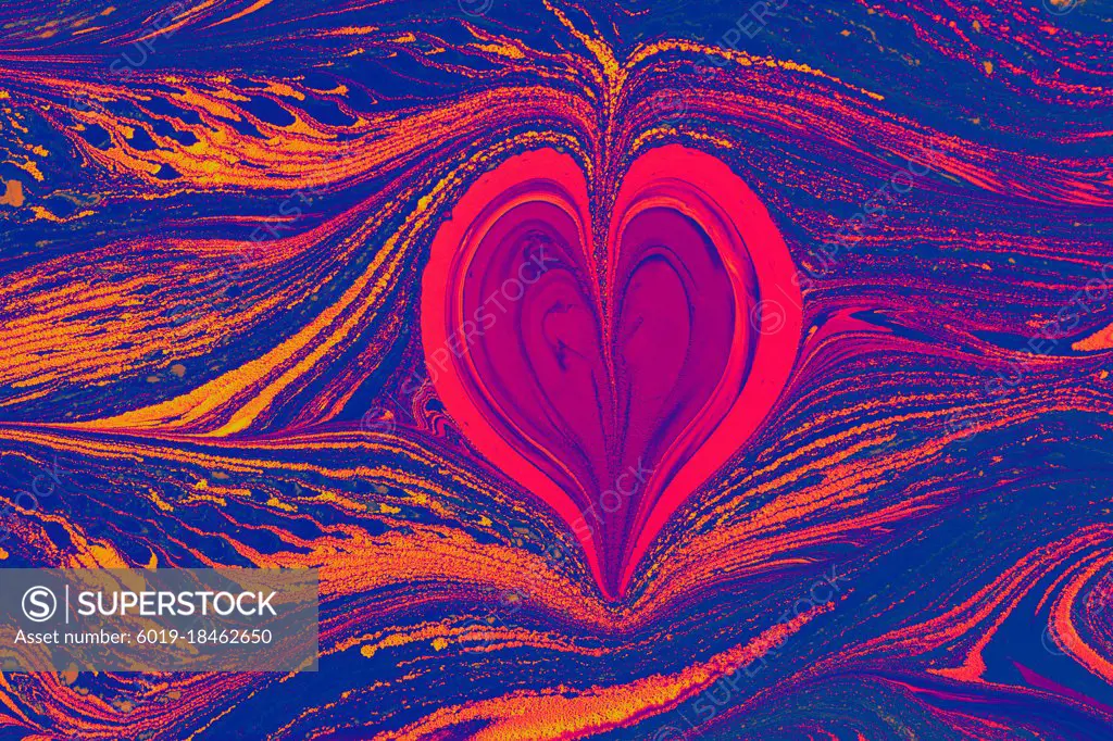 Ebru  marbling  background with heart shape. Unique art  Liquid 