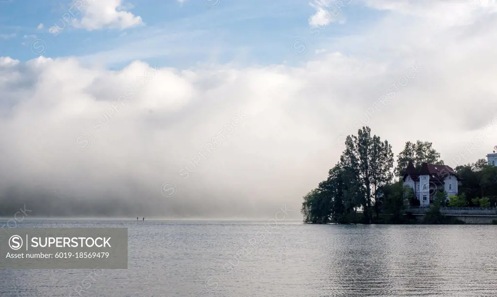 Lake Bled Island and Morning Mist over the water, Slovenia