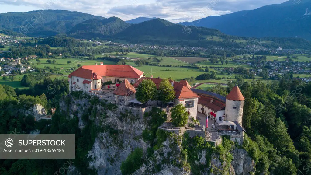 Aerial View of the Bled Lake Castle and the Julian Alps