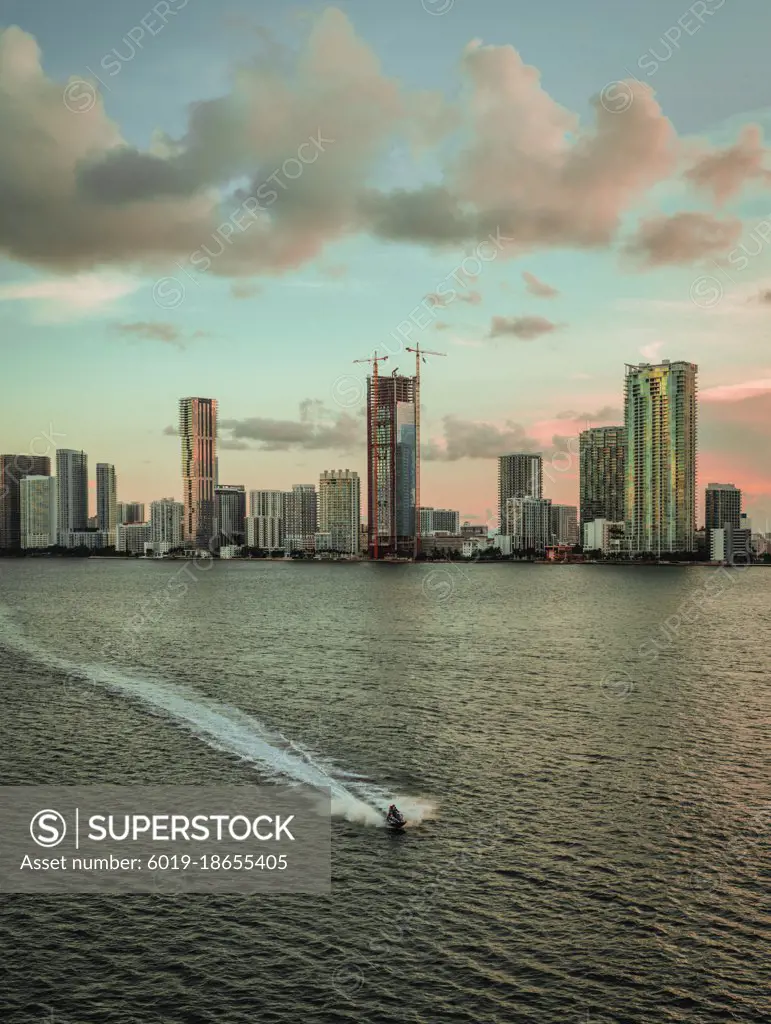 miami skyline sunset aquatic bikes