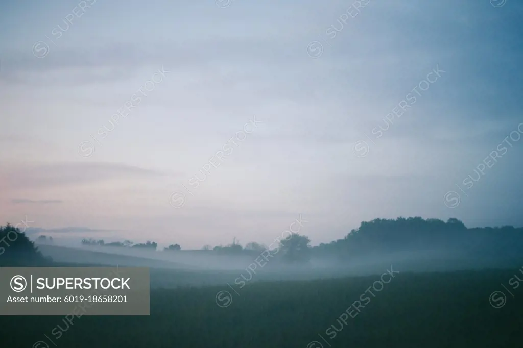 Morning fog lying over the rolling hills 