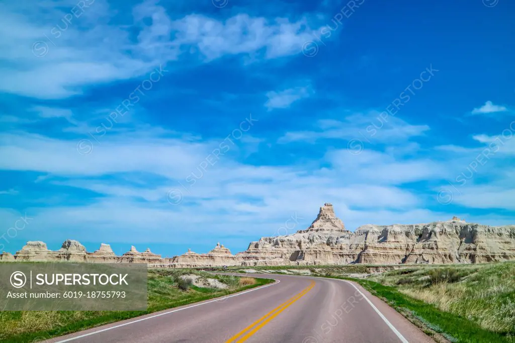 A long way down the road of Badlands National Park, South Dakota